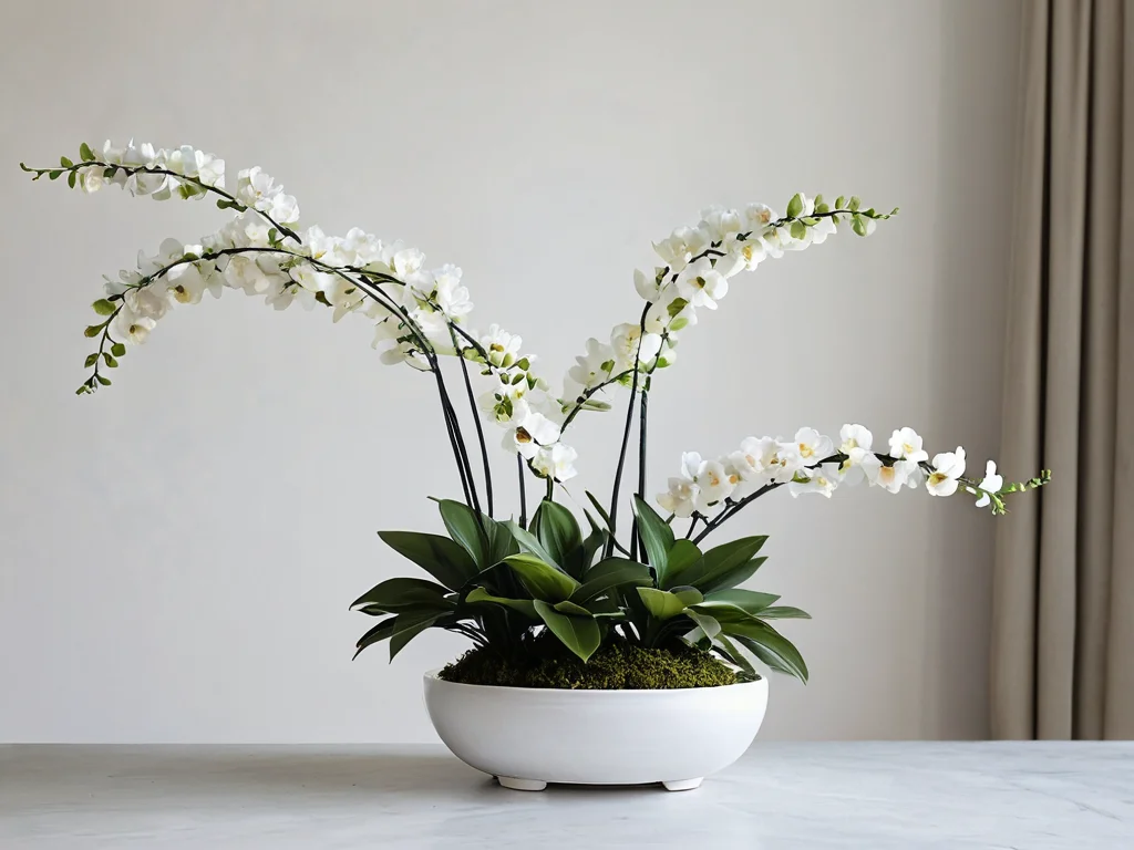 Изображение демонстрирует современный интерьер с аккуратно расположенными искусственными цветами рядом с живым растением, создавая визуальный вопрос о их влиянии на феншуй и гармонию дома. Подчеркивается дилемма использования неживых растений в дизайне.