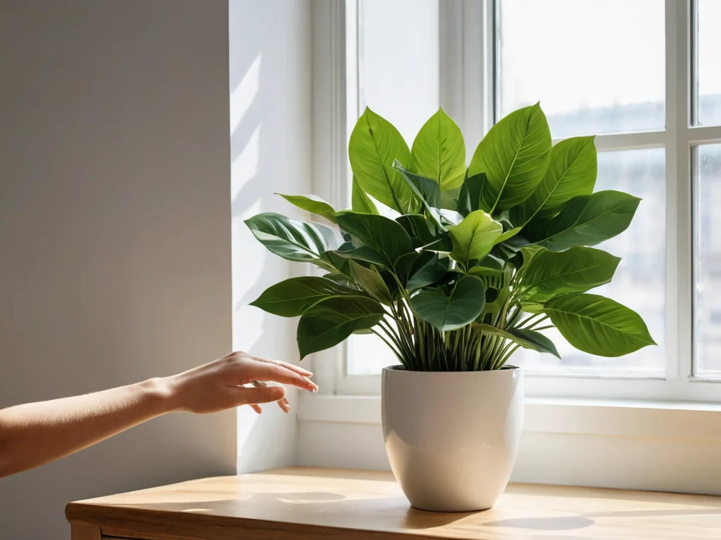 Женская рука аккуратно протирает пыль с листьев искусственного растения, символизируя важность регулярного ухода и поддержания чистоты для минимизации застоя энергии и 'обновления' даже неживых композиций по феншуй.