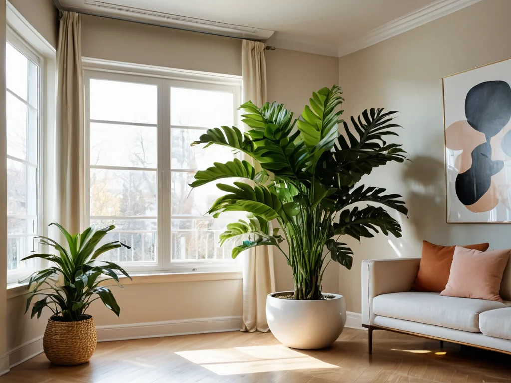 Изображение здорового, пышного живого растения, залитого солнечным светом в гармоничном интерьере, символизирующее идеальный выбор для процветающего дома и максимального потока энергии Ци по феншуй, как главный вывод статьи.