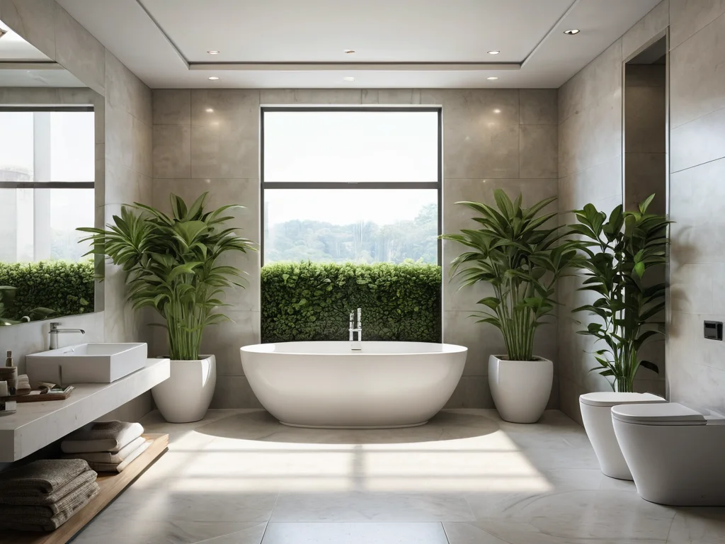 Визуализация интерьера, где качественно выполненные искусственные растения размещены в 'зоне допустимости', например, в ванной комнате, в противовес потенциально 'зонам риска' (спальня, зоны активной Ци), согласно принципам феншуй.