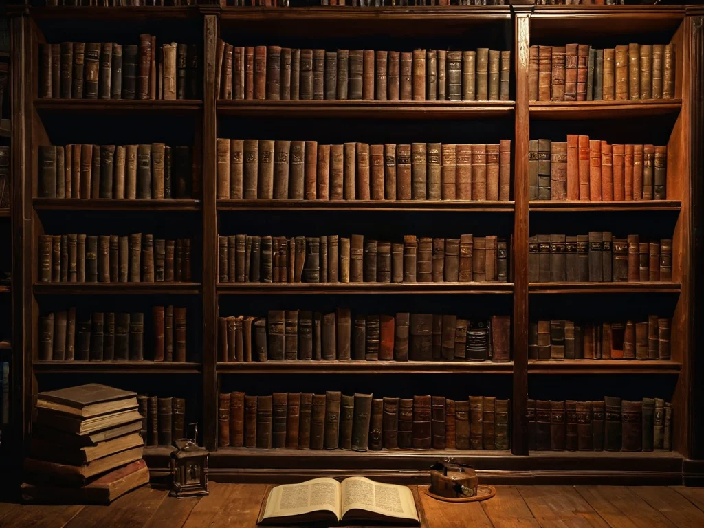 Фотореалистичное изображение старинной книжной полки, заполненной старинными книгами, в тускло освещенной комнате, символизирующей зону знаний и личностного роста согласно влиянию вещей с историей по феншуй.