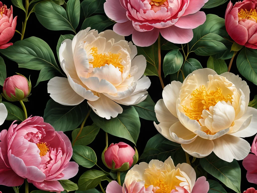 Детальное фото цветущих пионов и листьев денежного дерева, символизирующих удачу, процветание и изобилие, с акцентом на энергетическую ценность и символизм этих растений в контексте Феншуй.