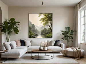Изображение светлой и просторной гостиной, где элегантные картины с растительными мотивами и цветами на стенах создают атмосферу спокойствия и гармонии, демонстрируя ключевую роль таких изображений в Феншуй.