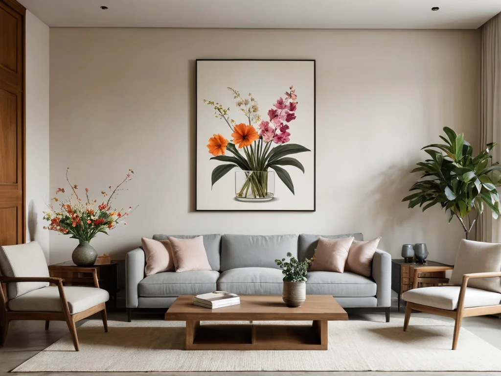 Современный интерьер гостиной, где различные изображения растений и цветов гармонично интегрированы в декор, демонстрируя практические шаги по внедрению