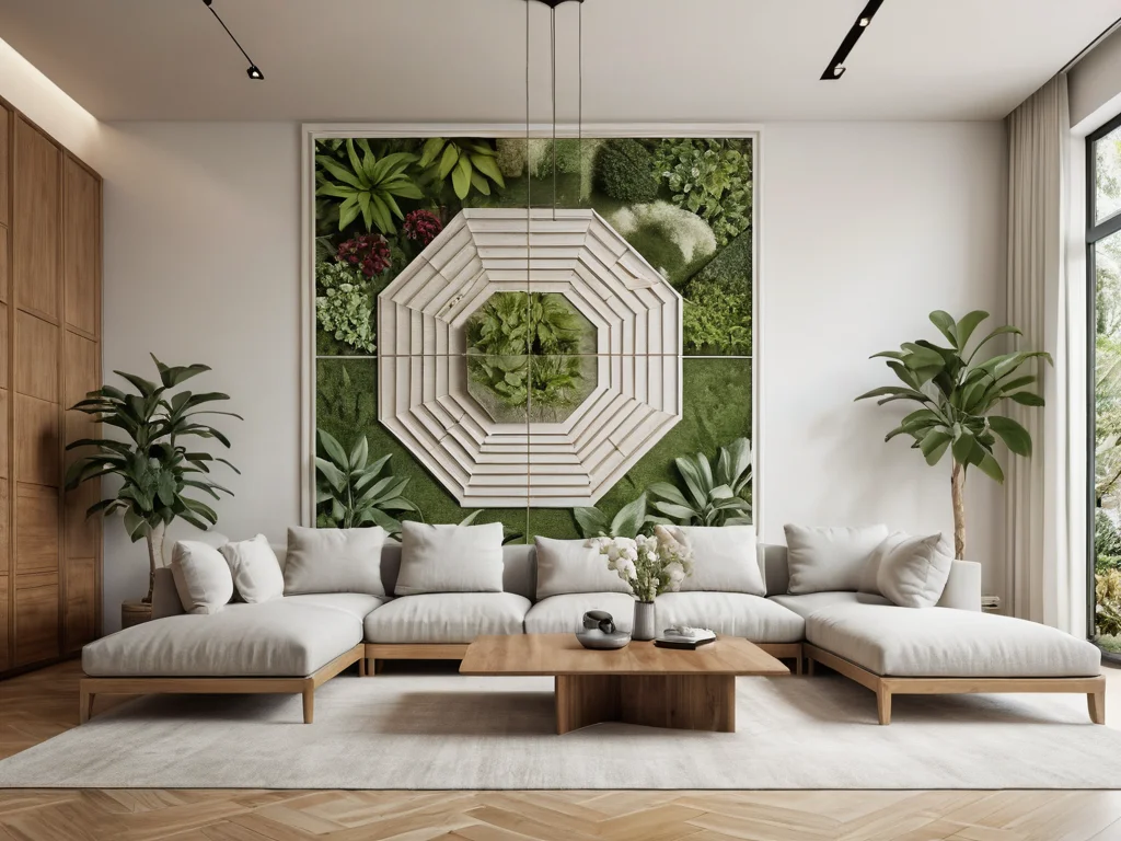 Инфографика, совмещенная с интерьером дома, показывающая, как изображения конкретных растений и цветов (например, бамбук, орхидеи) идеально подходят для каждой из девяти зон Багуа, активируя их энергию.