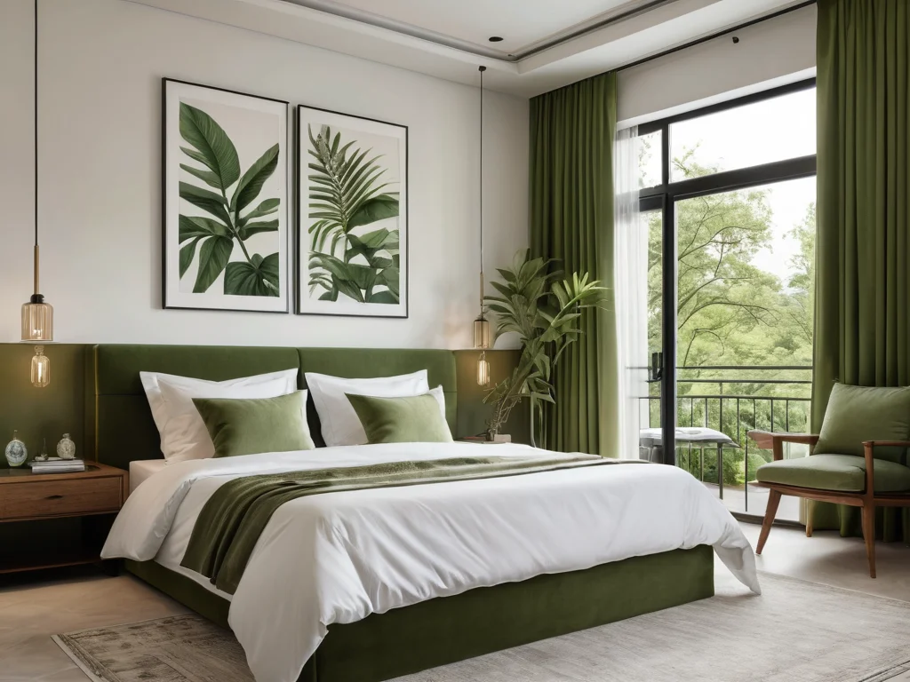 Умиротворяющая спальня, оформленная как цветущий сад с помощью множества тщательно подобранных изображений растений и цветов, создающих ощущение процветания, радости и гармоничного обновления.