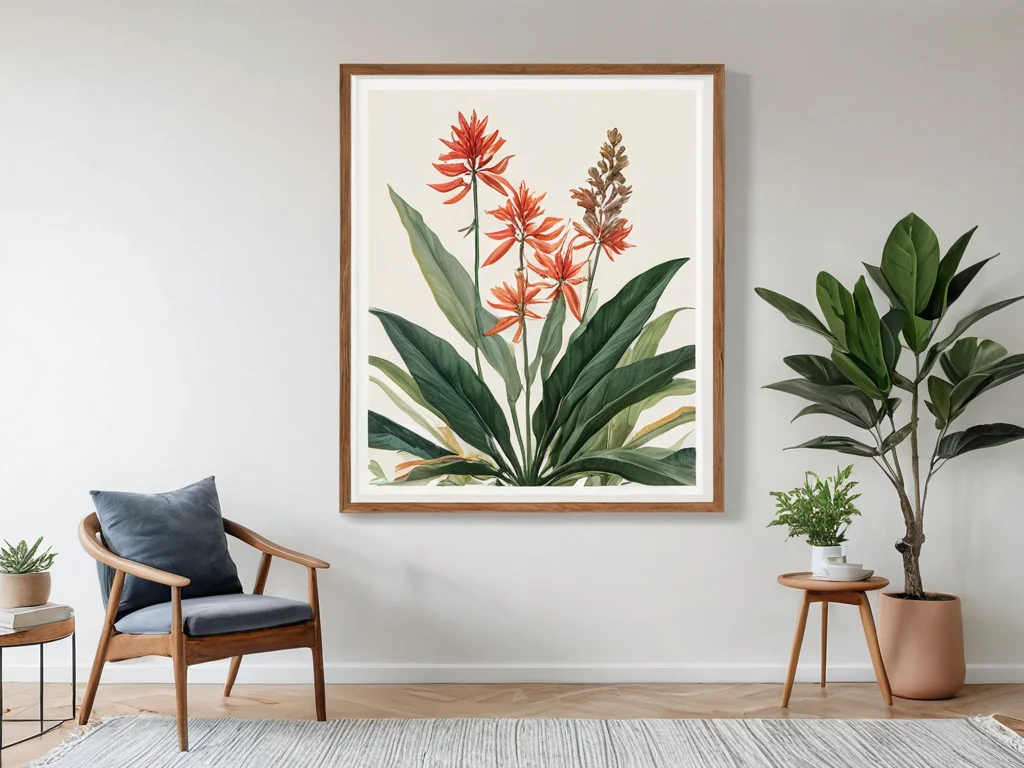 Коллаж из нескольких изображений растений и цветов, выполненных в разных стилях (акварель, масло, минимализм), с разными цветовыми палитрами и материалами рам, иллюстрирующий их влияние на энергетику пространства.