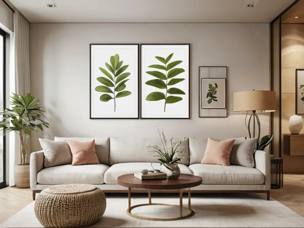 Визуализация интерьера, демонстрирующая правильное расположение изображений растений на стенах для усиления потоков жизненной энергии Ци, согласно золотым правилам Феншуй.