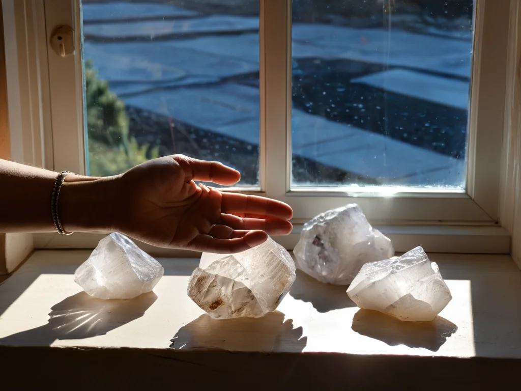 Кристаллы, заряжающиеся под лунным и солнечным светом на подоконнике или на природе, а также руки, передающие энергию намерения, иллюстрирующие мощные способы их активации.