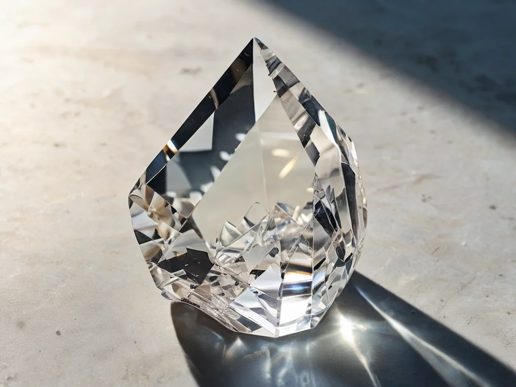 Поврежденный кристалл с трещинами или выцветшим цветом, находящийся в неправильном месте, предупреждающий об ошибках в уходе и хранении, которых следует избегать при работе с кристаллами по феншуй.