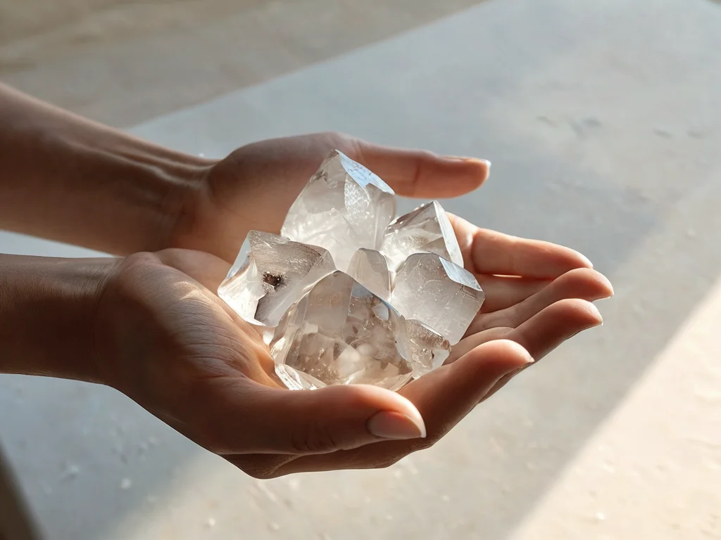 Рука бережно касается потускневшего кристалла, который, кажется, накопил негативную энергию, подчеркивая необходимость его очистки для восстановления энергетического баланса по феншуй.
