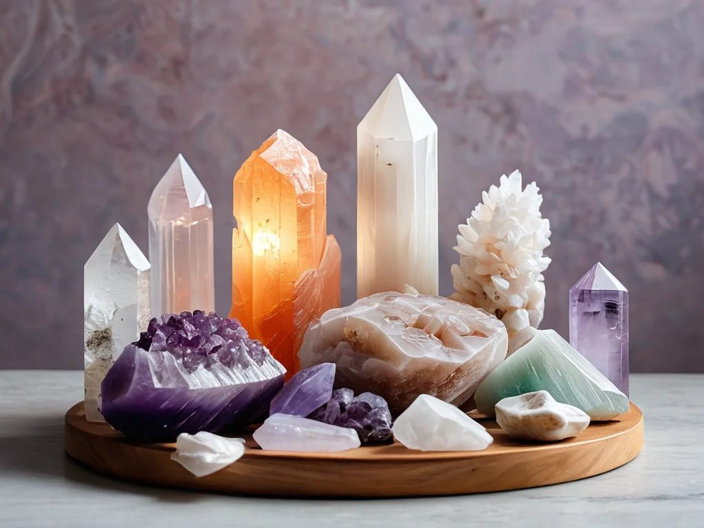 Аккуратная раскладка различных кристаллов, таких как аметист, селенит и кусочек соляной лампы, демонстрирующая тонкости и индивидуальные методы ухода и очистки для каждого вида по феншуй.