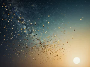 Абстрактное изображение, символизирующее систему Летящих Звезд феншуй, с тонкими светящимися элементами и древними китайскими мотивами, выполненное в фотореалистичном стиле.
