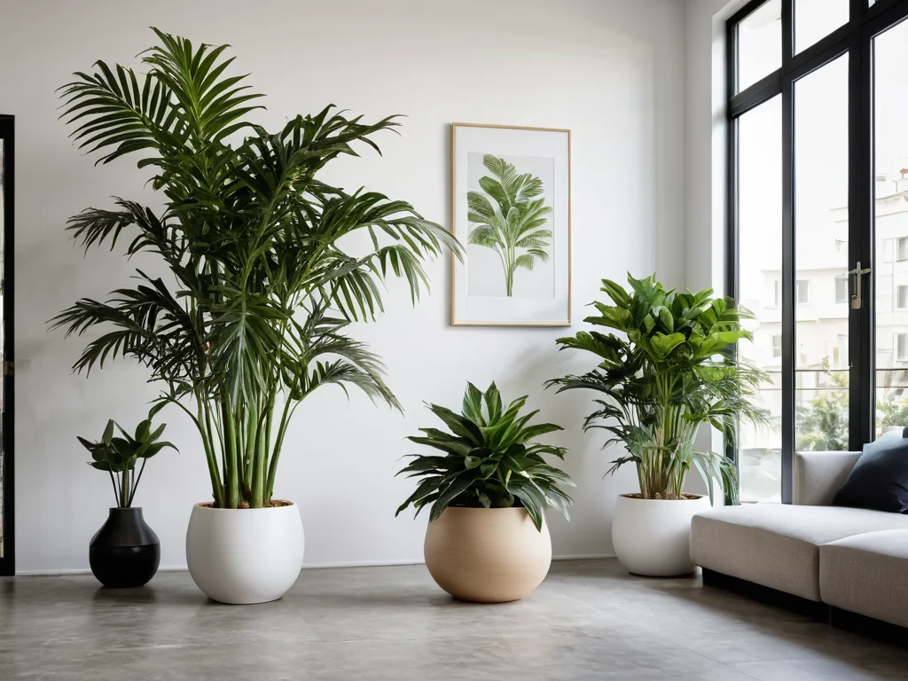 Визуальные примеры размещения горшков для растений в различных зонах интерьера: элегантный горшок в гостиной, функциональный в рабочем кабинете и приветственный в прихожей, подчеркивающие целевое использование и энергетику по феншуй.