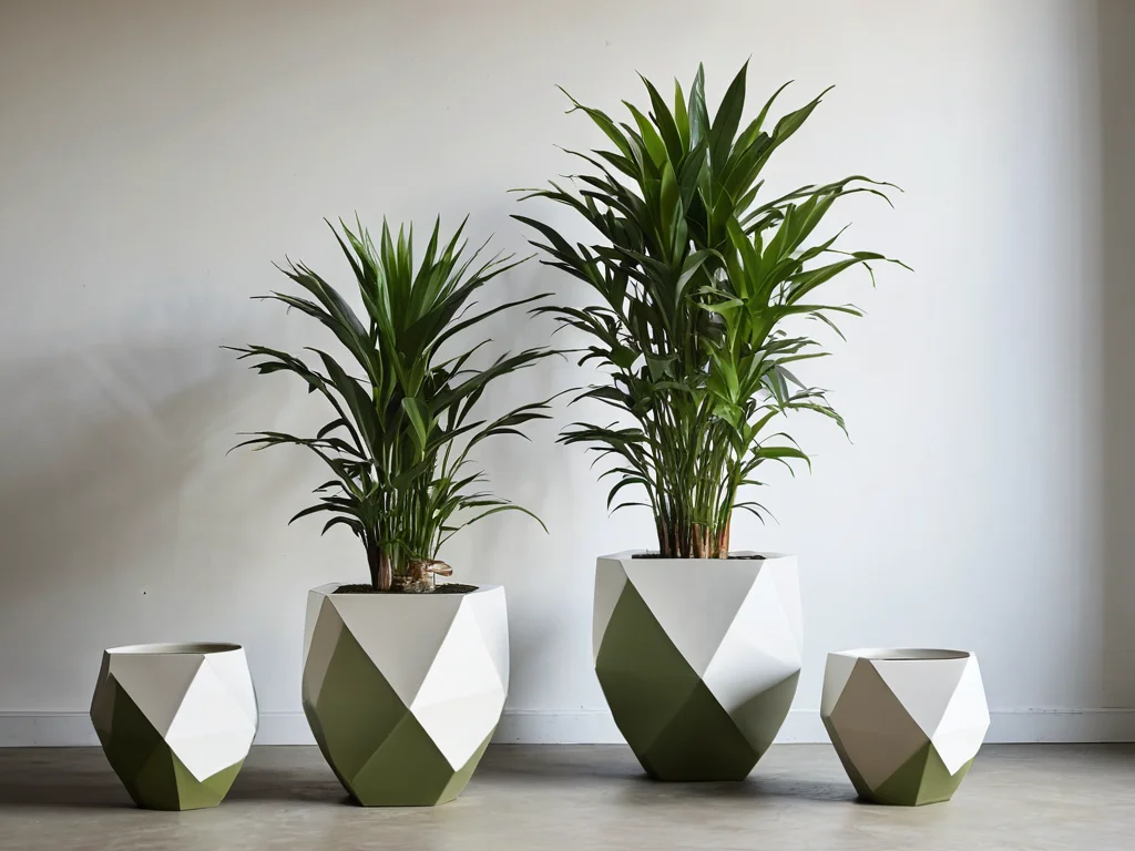 Визуальная демонстрация разнообразных форм горшков для растений – идеально круглый, строгий квадратный, изящный высокий и приземистый широкий – показывающая, как геометрия горшка влияет на благополучие и эстетику интерьера по феншуй.