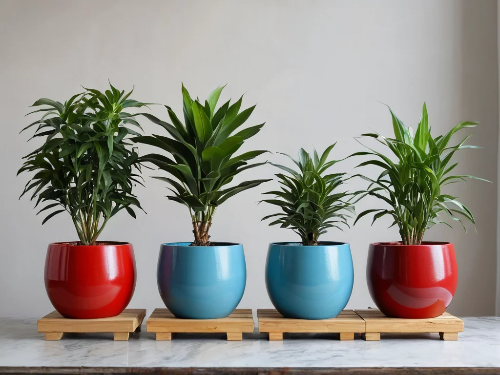 Композиция из пяти различных горшков для растений, каждый из которых визуально представляет один из Пяти Элементов феншуй: деревянный, красный (огонь), терракотовый (земля), металлический, синий стеклянный (вода), демонстрируя их влияние на выбор.