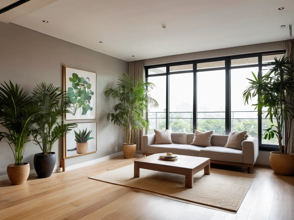 Изображение идеального домашнего оазиса, где тщательно подобранные растения и гармоничные горшки создают атмосферу спокойствия, уюта и баланса, превращая интерьер в место для релаксации и благополучия по феншуй.