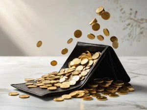Открытый роскошный кошелек, из которого сыплются золотые монеты, символизирующий богатство и процветание, в стиле феншуй, фотореалистичное изображение.
