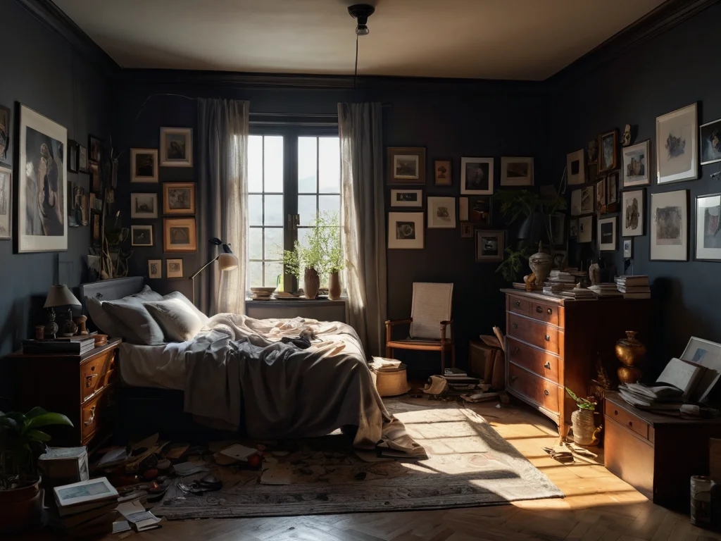 Фотореалистичное изображение загроможденного угла комнаты, демонстрирующее беспорядок и хаотичную энергию, плохое феншуй с темными тенями.