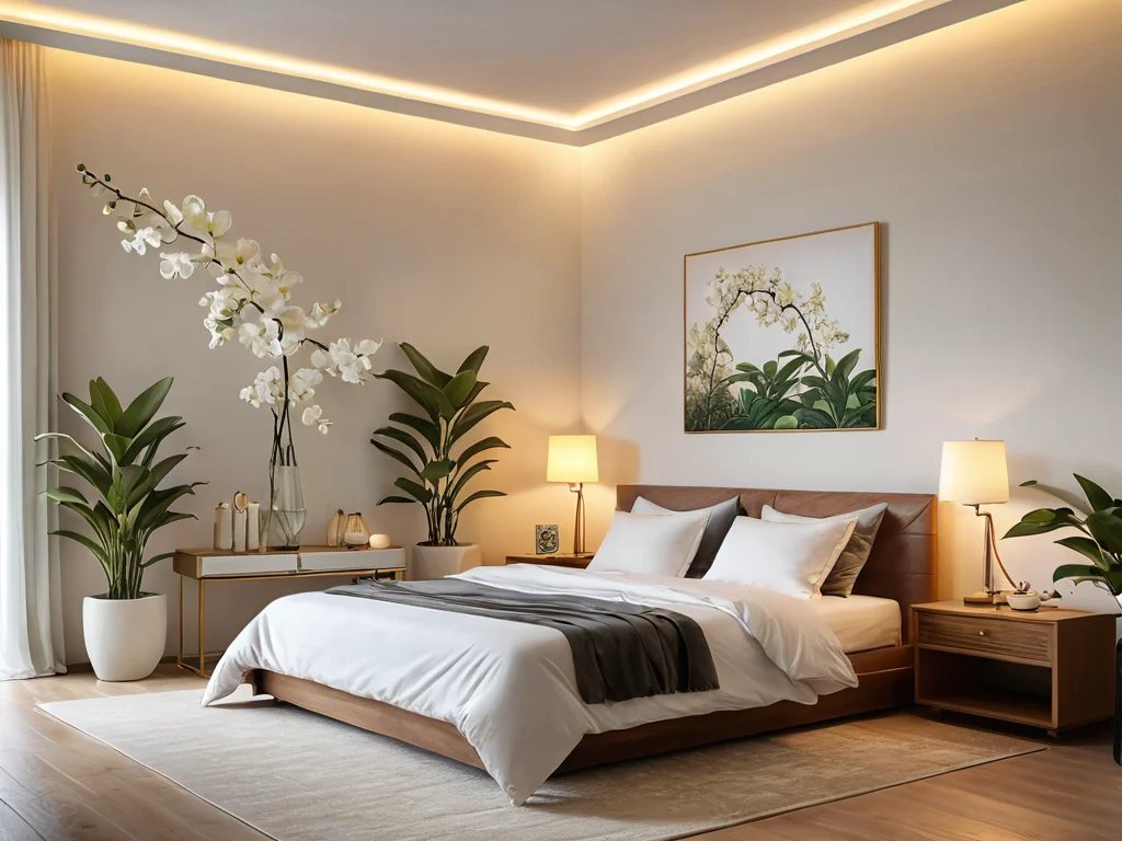 Спальня с растениями, которые по Феншуй способствуют привлечению любви и благополучия, создавая нежную и романтическую атмосферу для пары, как дополнительные помощники.