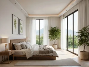 Изображение демонстрирует спальню с идеальным выбором растений, создающих гармоничную и спокойную атмосферу в соответствии с принципами Феншуй, подчеркивая важность их выбора.