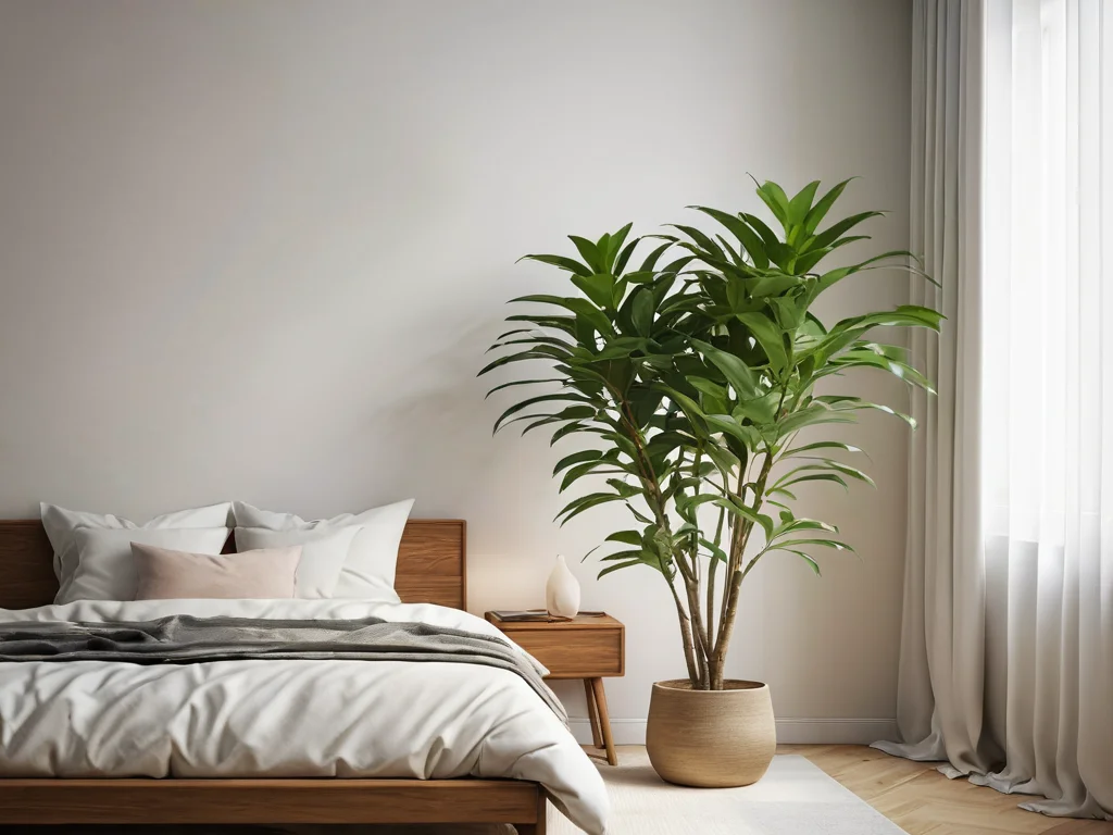 Крупный план здорового растения в спальне, символизирующий поток энергии Ци и спокойствие, ключевые принципы Феншуй для размещения растений.
