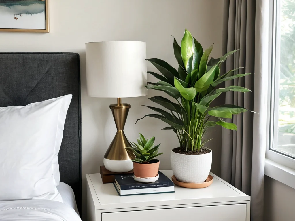 Пример правильного размещения растений в спальне: на прикроватной тумбочке, подоконнике или в углу, для максимальной пользы и усиления положительной энергии по Феншуй.