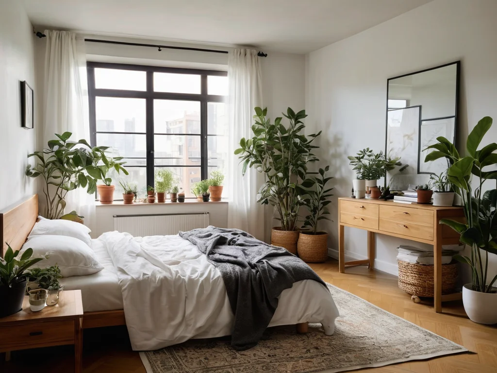 Изображение демонстрирует типичные ошибки при выборе и уходе за растениями в спальне по Феншуй, такие как увядающие растения, неправильное их размещение или избыток, создающие дисгармонию.