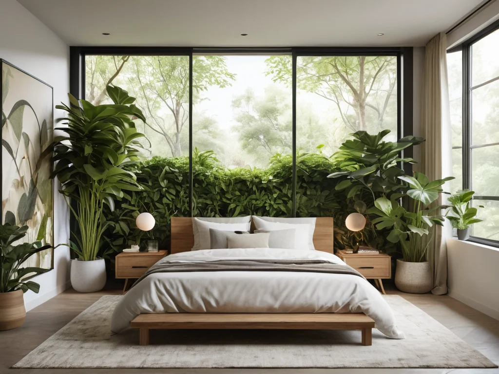 Идеальная спальня, превращенная в оазис покоя с помощью правильно подобранных растений, создающих гармоничное и расслабляющее пространство для отдыха и благополучия.