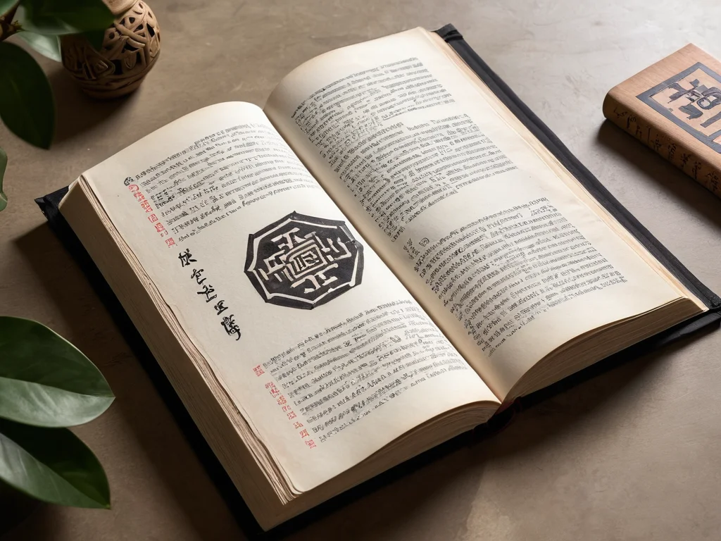 Открытая древняя книга И-Цзин с расшифровкой гексаграмм, предлагающая конкретные решения для улучшения пространства и жизни, показывающая путь к гармоничному интерьеру и благоприятным изменениям.