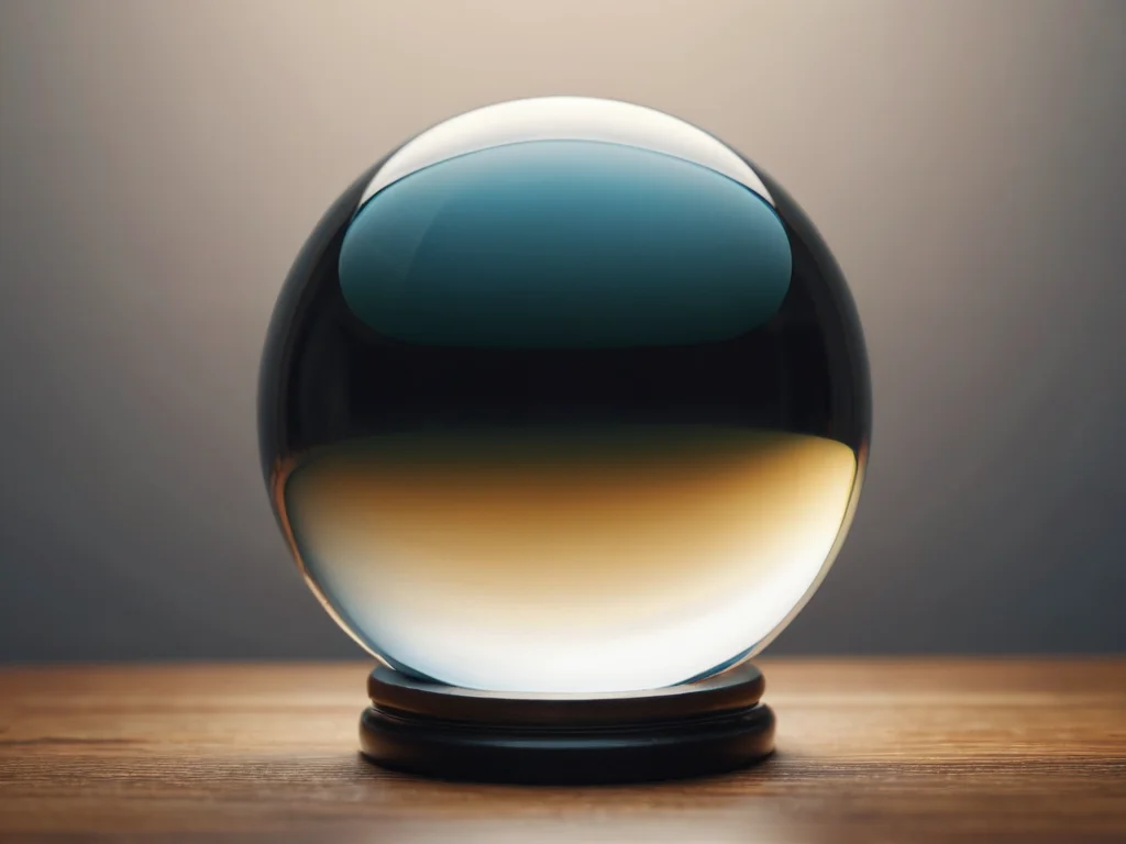 Abstraktes Bild einer Kristallkugel, die sanfte Energieströme und Wirbel aussendet und die Prinzipien der Qi-Harmonisierung an der Schnittstelle von Wissenschaft und Esoterik veranschaulicht.