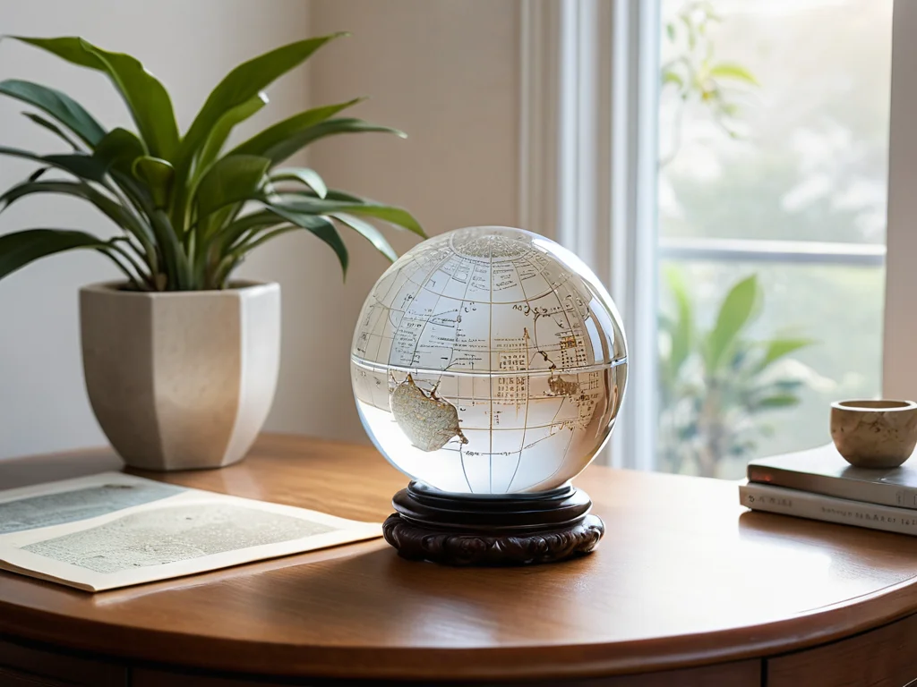 Eine Kristallkugel, die in einer bestimmten Bagua-Zone platziert ist (z. B. auf einem Schreibtisch), mit einem subtilen Hinweis auf ein Bagua-Diagramm, das die optimale Platzierung für die Aktivierung maximaler Feng-Shui-Effekte zeigt.
