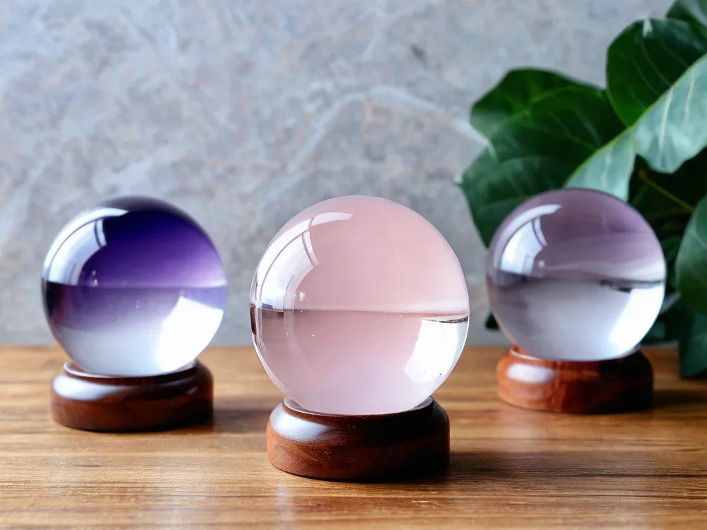 Komposition aus verschiedenen Kristallkugeln – Bergkristall, Rosenquarz und Amethyst – die ihre einzigartigen Eigenschaften und Vielfalt im Feng Shui zeigen.