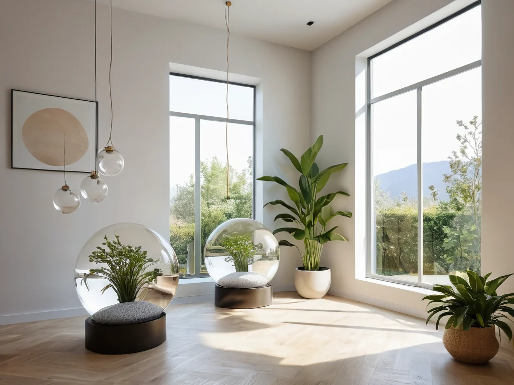 Ein helles, harmonisches Wohninterieur, dekoriert mit mehreren Kristallkugeln, die positive Energie ausstrahlen und eine Atmosphäre von Gemütlichkeit und Wohlbefinden schaffen, die den Raum verwandelt.