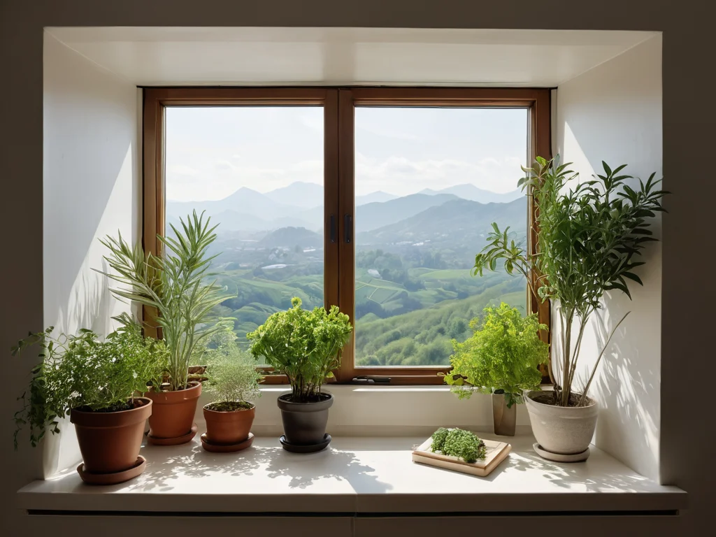 Вид сверху на подоконник с аккуратно расставленными горшками с травами, на который наложена прозрачная феншуй-карта багуа, демонстрирует идеальное расположение каждого растения для активации различных энергетических зон.