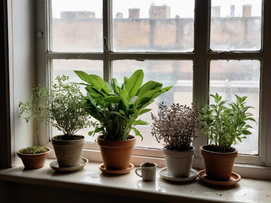 Засохшие или увядающие травы в пыльных горшках на загроможденном подоконнике, слабо освещенном, иллюстрируют распространенные ошибки в уходе и организации пространства, которые могут блокировать потоки позитивной энергии Ци.