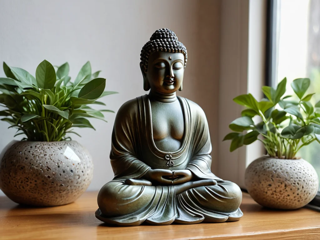 Процветающие травы на подоконнике, окруженные дополнительными элементами феншуй, такими как небольшой кристалл, гладкие камешки и миниатюрная статуэтка Будды, демонстрируют усиление позитивного энергетического эффекта.