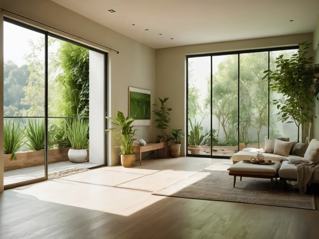 Изображение живописного зеленого оазиса из пышных трав на солнечном подоконнике, создающего умиротворяющую и вдохновляющую атмосферу, призывает начать применять принципы феншуй с травами уже сегодня для гармонии в доме.