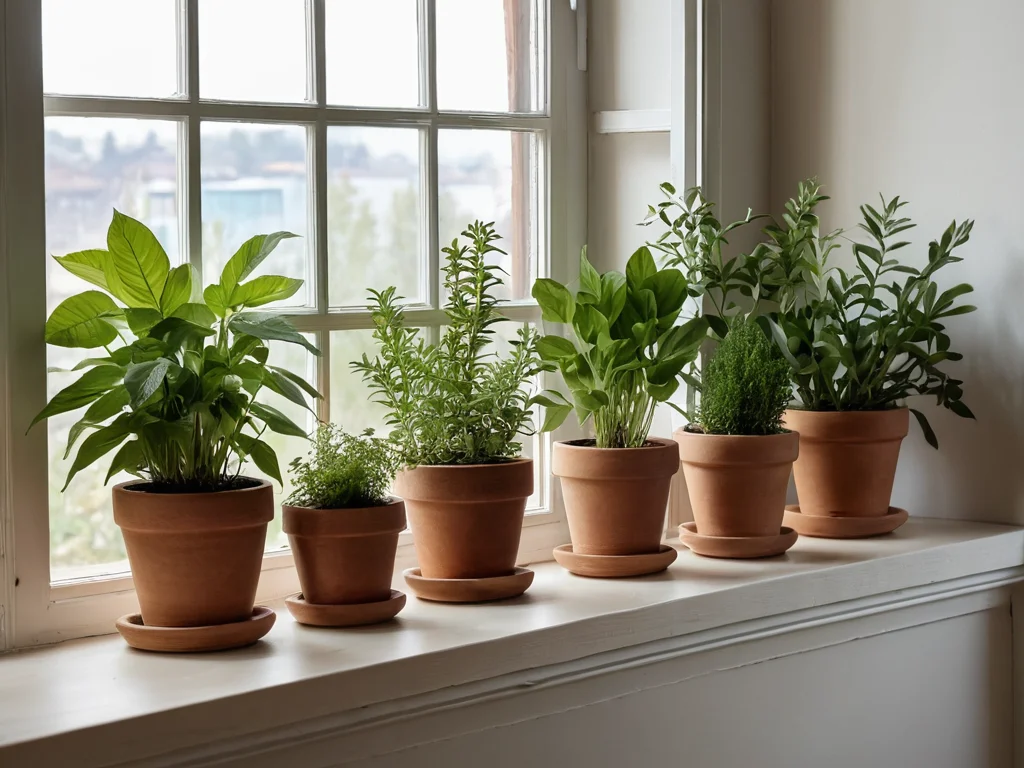 Изображение демонстрирует гармоничное сочетание целебных трав на подоконнике, освещенном мягким солнечным светом, создавая уютную атмосферу и символизируя принцип феншуй о единстве природы и домашнего пространства.