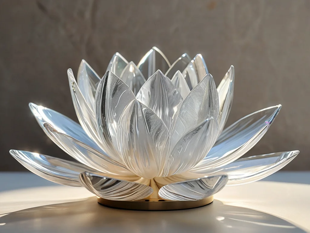 Сияющая хрустальная статуэтка лотоса на элегантной полке, окруженная мягким светом, иллюстрирует, как символ лотоса активизирует положительную энергию Чи, гармонизируя пространство и влияя на атмосферу интерьера.