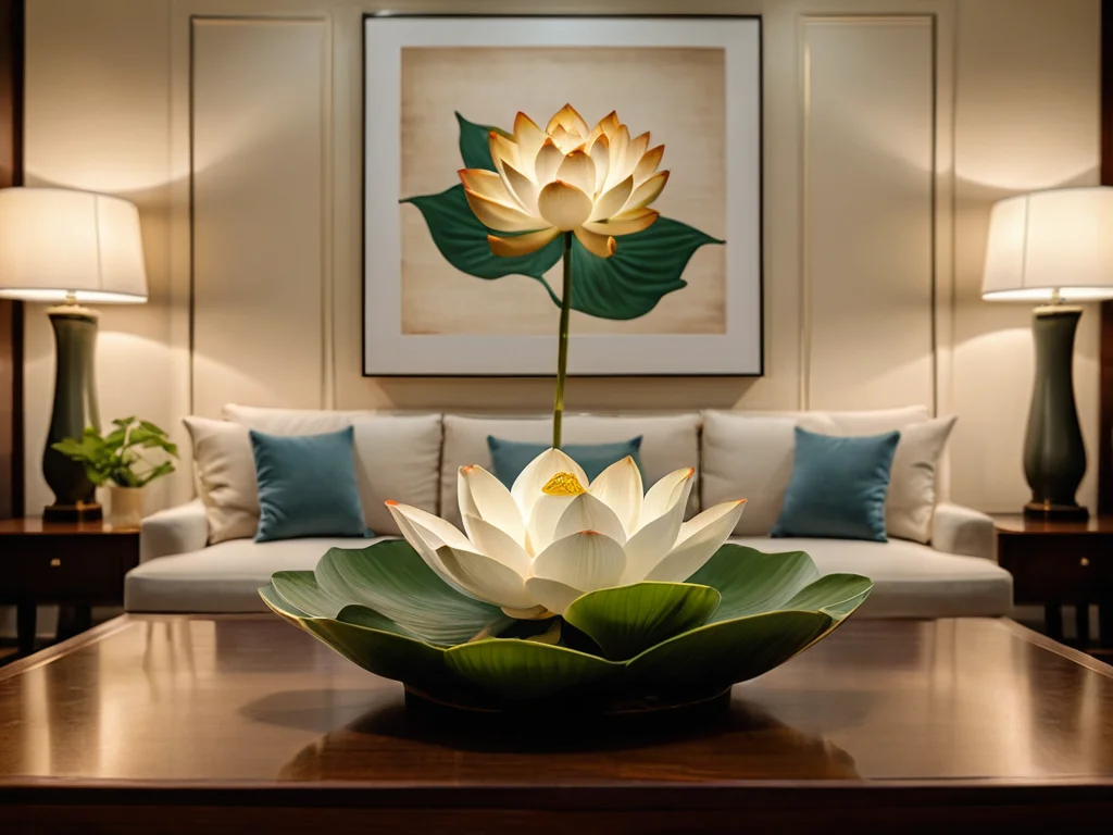 Изящный цветок лотоса в центре уютной гостиной, расположенный в зоне Багуа (например, юго-восток для привлечения изобилия), символизирует активацию энергии удачи и гармонии в доме.