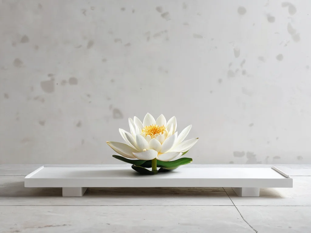 Чистый и ухоженный лотос, размещенный на минималистичной полке в современном интерьере, освещенный естественным светом, демонстрирует практические советы по размещению и уходу за этим символом феншуй для поддержания гармонии.