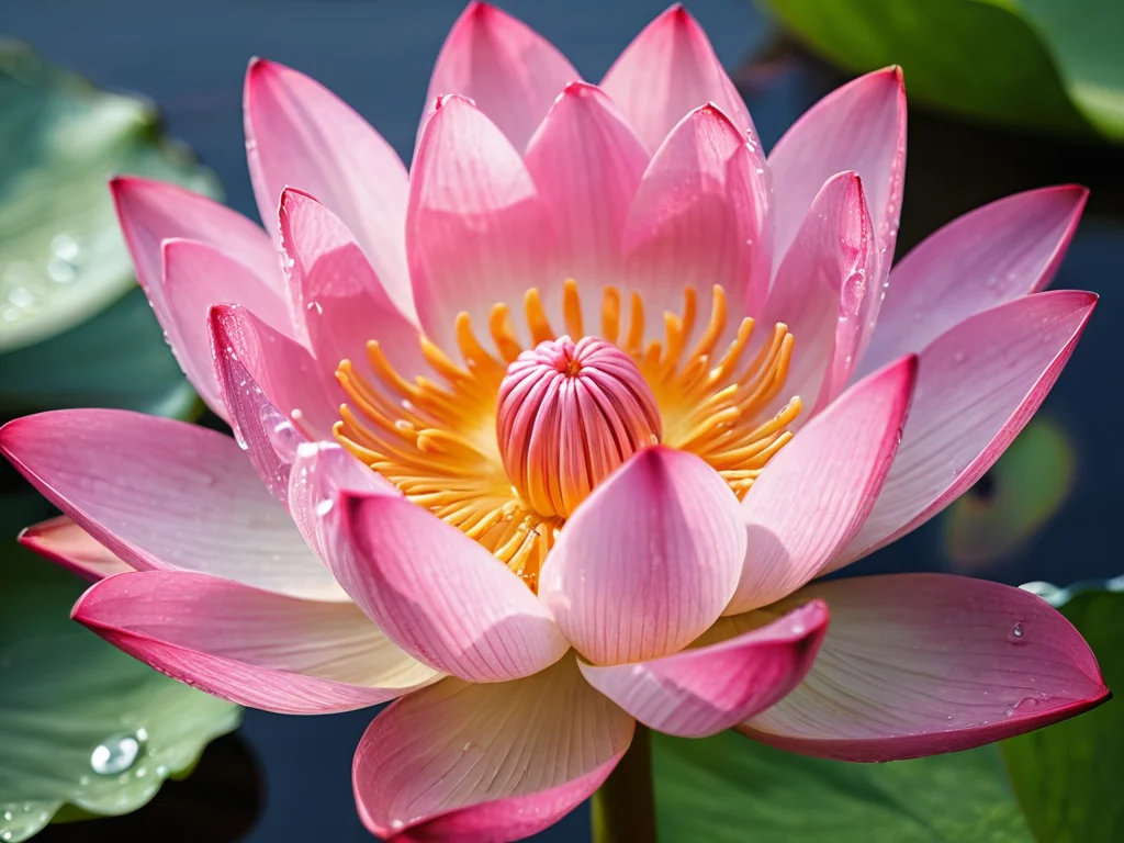 Великолепный лотос с каплями росы на лепестках, купающийся в мягком солнечном свете, олицетворяет чистоту, мудрость и духовное прозрение, раскрывая многогранное значение этого священного символа в феншуй.