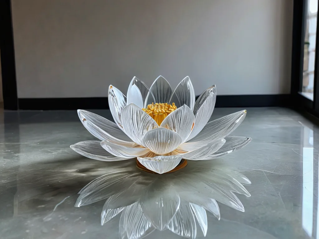 Идеально чистый хрустальный лотос, расположенный в аккуратном и незагроможденном пространстве, подчеркивает важность правильного размещения символа в феншуй, избегая распространенных ошибок, таких как соседство с беспорядком или нахождение в ванной комнате.