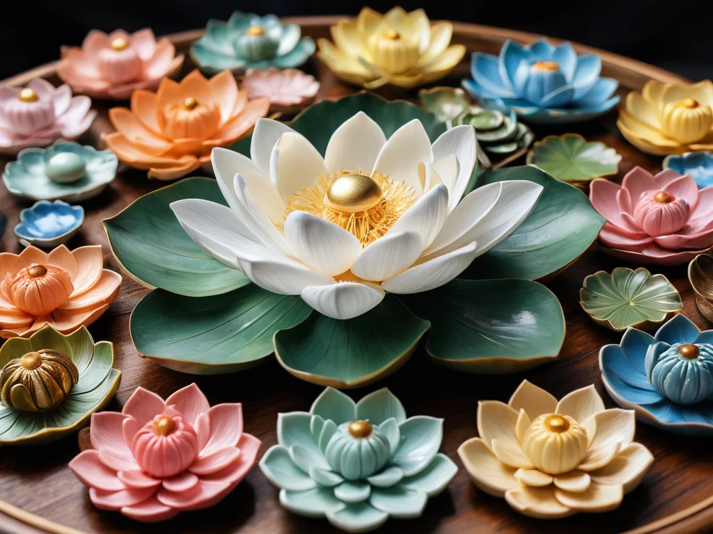 Разнообразие символов лотоса, выполненных из различных материалов – прозрачного хрусталя, нежной керамики и блестящего металла, в различных формах и цветах, демонстрирует выбор для конкретных целей в феншуй и дизайна интерьера.