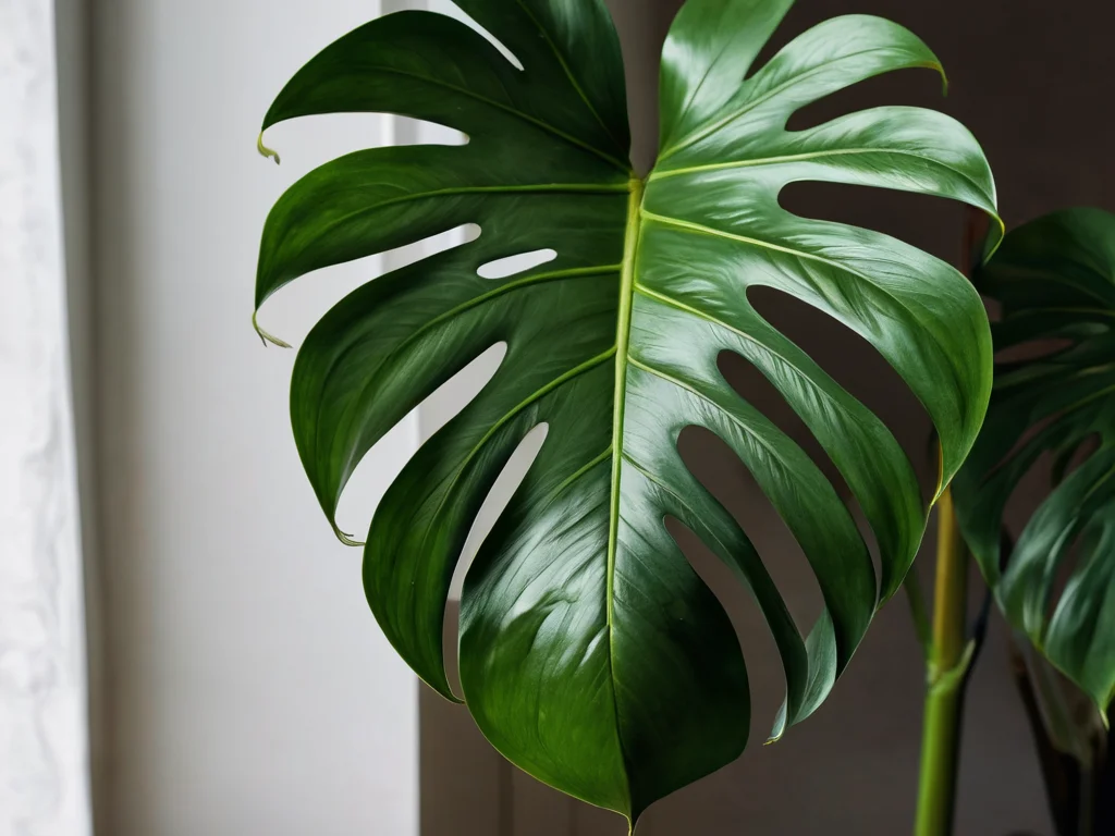 لقطة مقربة لأوراق المونستيرا الفريدة المنحوتة، مع التركيز على شكلها وديناميكية نموها، مع تصور التأثير الطاقوي للنبات وفقًا لمبادئ الفينغ شوي في التصميم الداخلي.