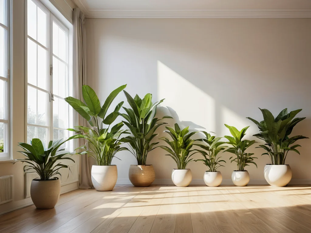 غرفة مشرقة مع نباتات داخلية متنوعة، موضوعة وفقًا لمبادئ الفينغ شوي، تظهر تفاعلًا متناغمًا مع طاقة المنزل وخلق جو مريح في التصميم الداخلي.