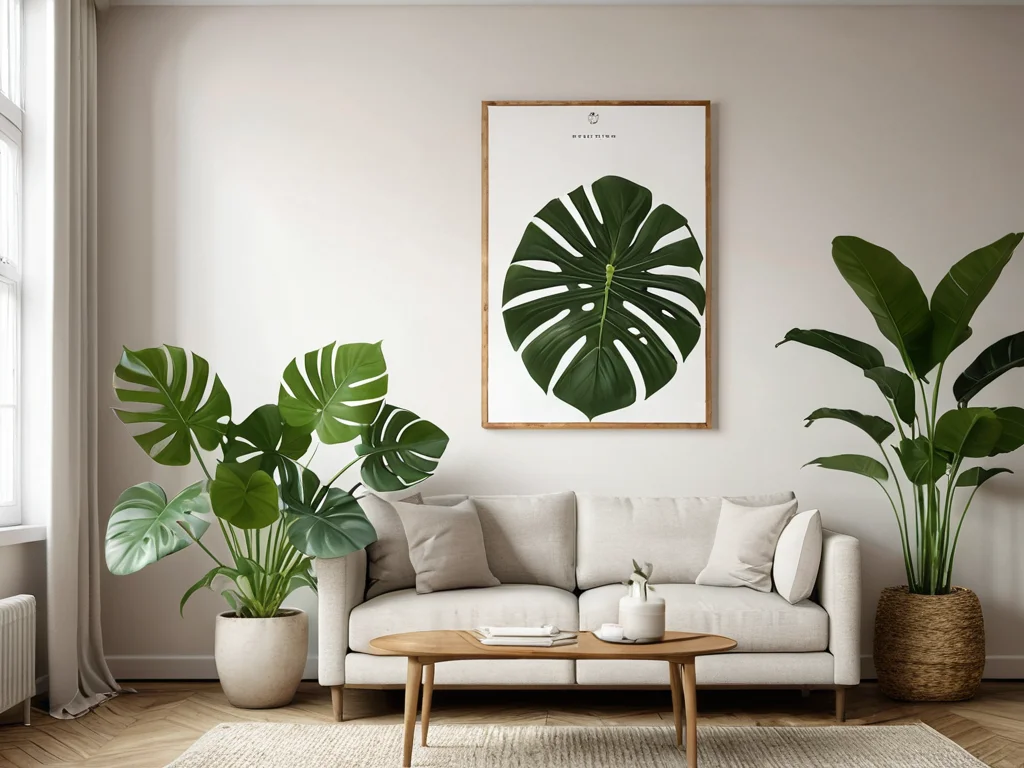 Монстера, идеально вписанная в сбалансированный интерьер по феншуй, окруженная гармоничными элементами декора, демонстрирующая секреты мирного сосуществования с этим растением и нейтрализации 'энергетического вампира'.