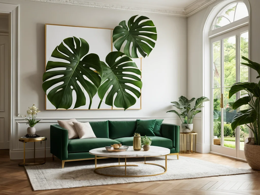 مونستيرا مهيبة تحتل مكانًا مركزيًا في غرفة معيشة واسعة مغمورة بضوء الشمس، مما يؤكد دورها كعملاق استوائي ومحبوب في التصميم الداخلي الحديث والفينغ شوي.