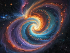 Абстрактное изображение космического перехода с вихревыми энергиями, туманностями и космической пылью, символизирующее начало новой эры в феншуй.